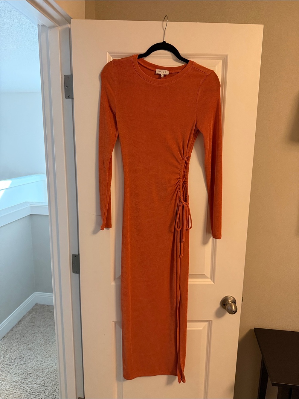 Long-Sleeve Midi Dress with Side Drawstring in Rust Orange